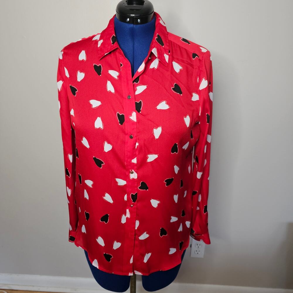 Liz Claiborne Career Red Heart Print Button Front Blouse M Long Sleeve Top